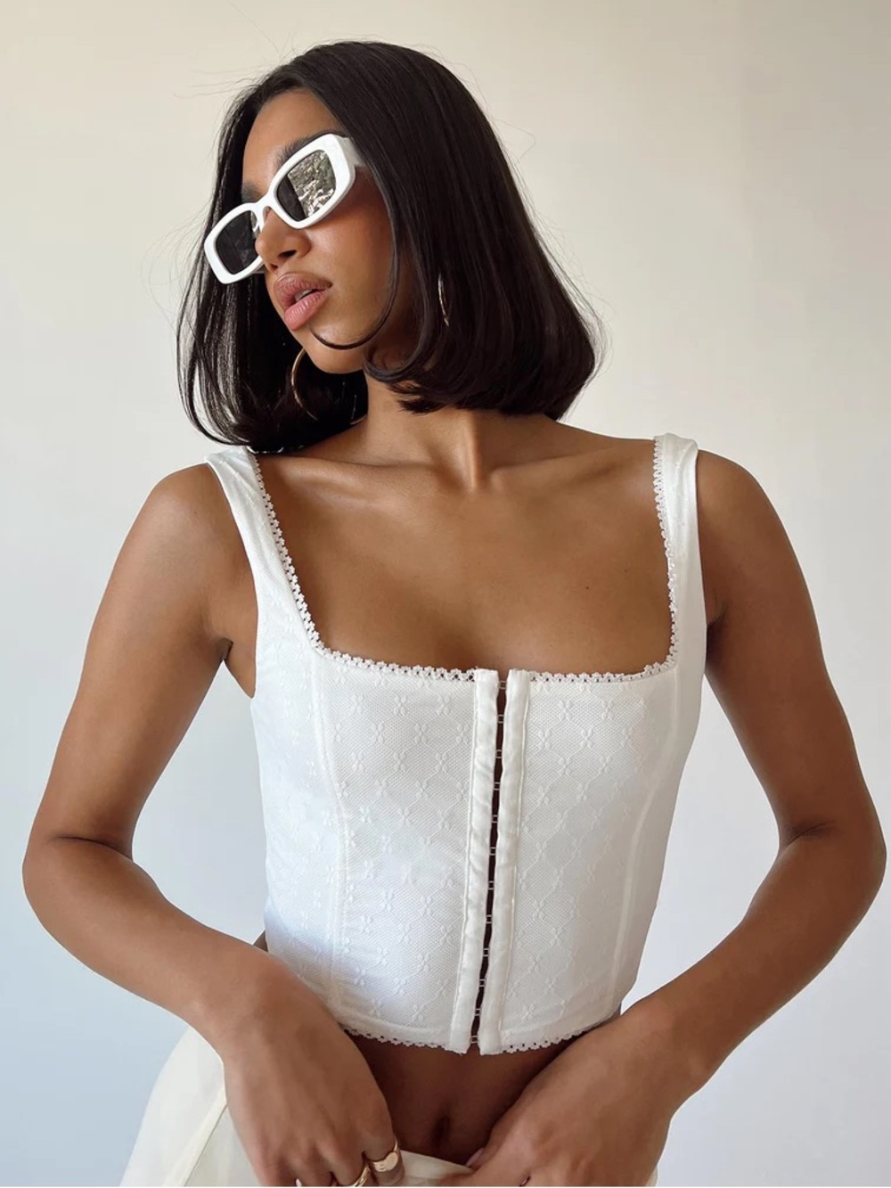 Princess Polly Bryleigh White Lace-Trim Cropped Tank Top